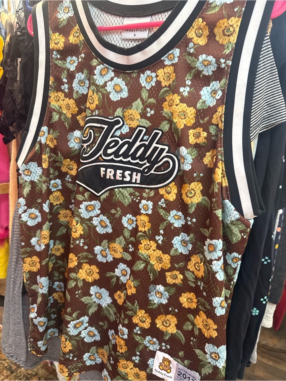 Teddy Fresh Brown Floral Mesh Jersey with Yellow & Light Blue Flowers